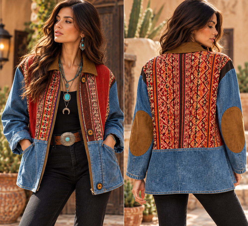 Vtg Robert Comstock Sz 6 Southwestern Denim Leather Wool Tapestry Jacket